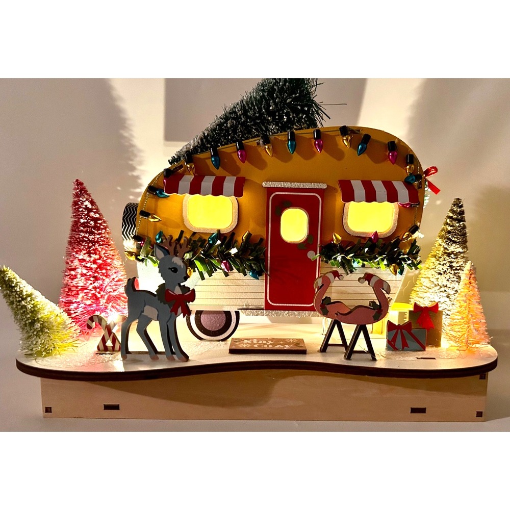 New World Market Christmas Retro Trailer Camper Wood Laser Cut Light Up